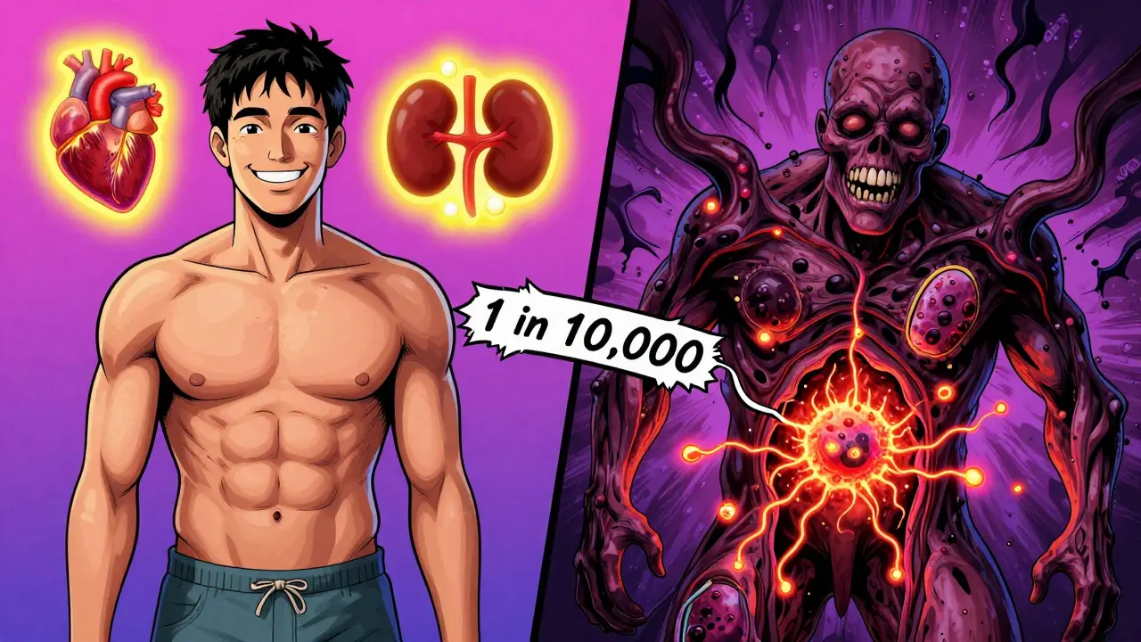 Split image: healthy patient with heart/kidney benefits vs. infection outbreak, labeled with rare risk statistic.