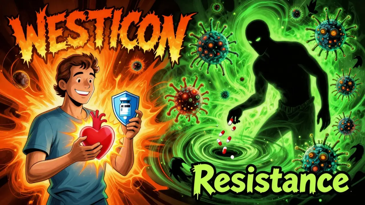 Split scene: patient finishing antibiotics vs. shadowy figure fueling antibiotic resistance with rising super-bacteria.