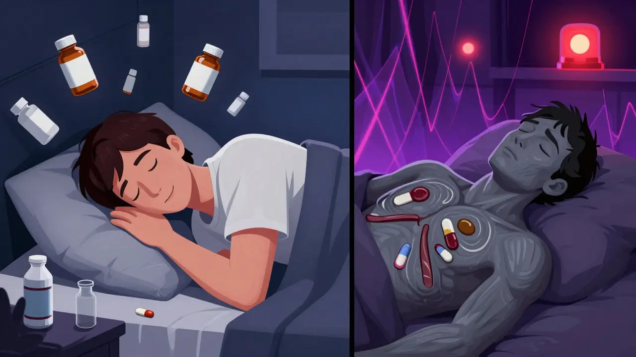 Split scene: peaceful sleep vs. unconscious overdose, with melatonin vs. dangerous pills in swirling psychedelic background.