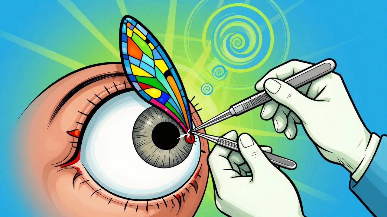 Surgical removal of a pterygium with a stained-glass graft being stitched in place, UV rays dissolving into spirals.