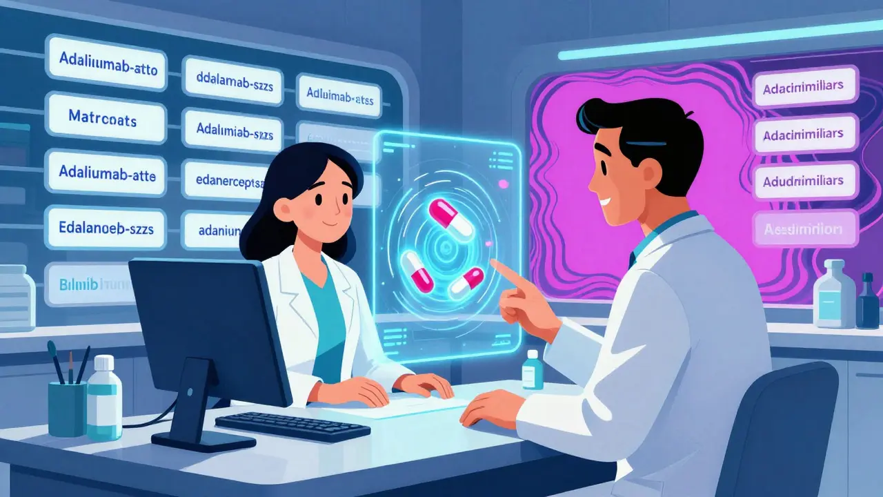 Technician interacts with holographic biosimilar drug models as new generics flash on a flickering wall.
