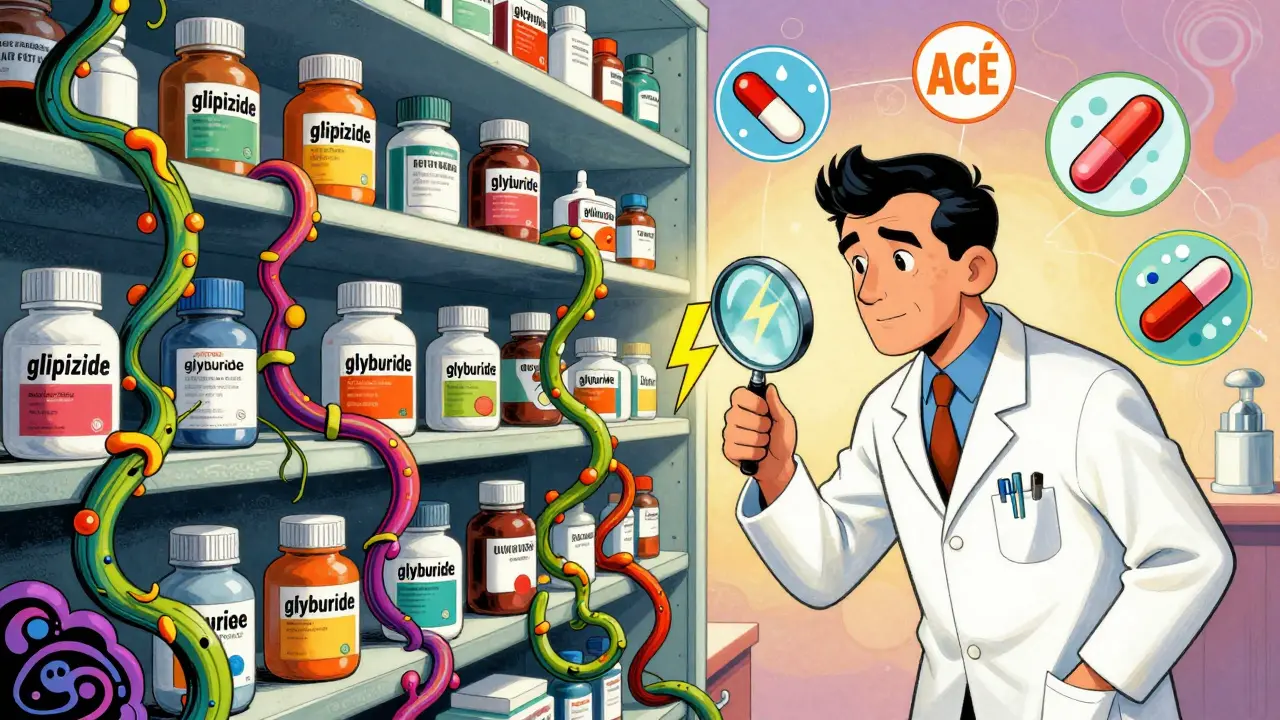 Technician separates confusingly similar drugs using a magnifying glass amid psychedelic therapeutic class icons.