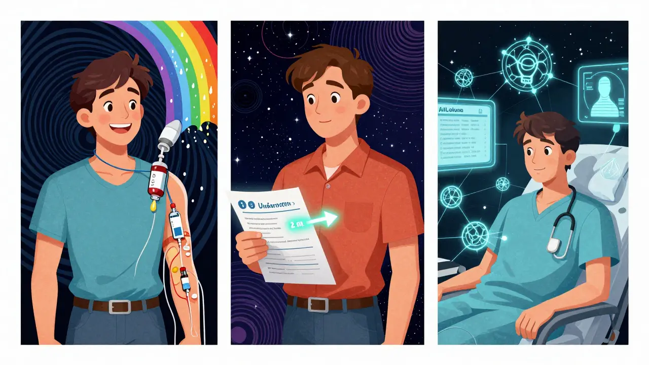 Three chemotherapy patients illuminated by rainbow drug flows and AI networks, representing advanced premedication protocols.