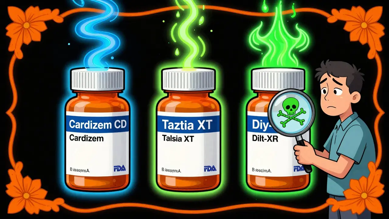 Three pill bottles emitting different release patterns, patient with magnifying glass, polymer skull warning