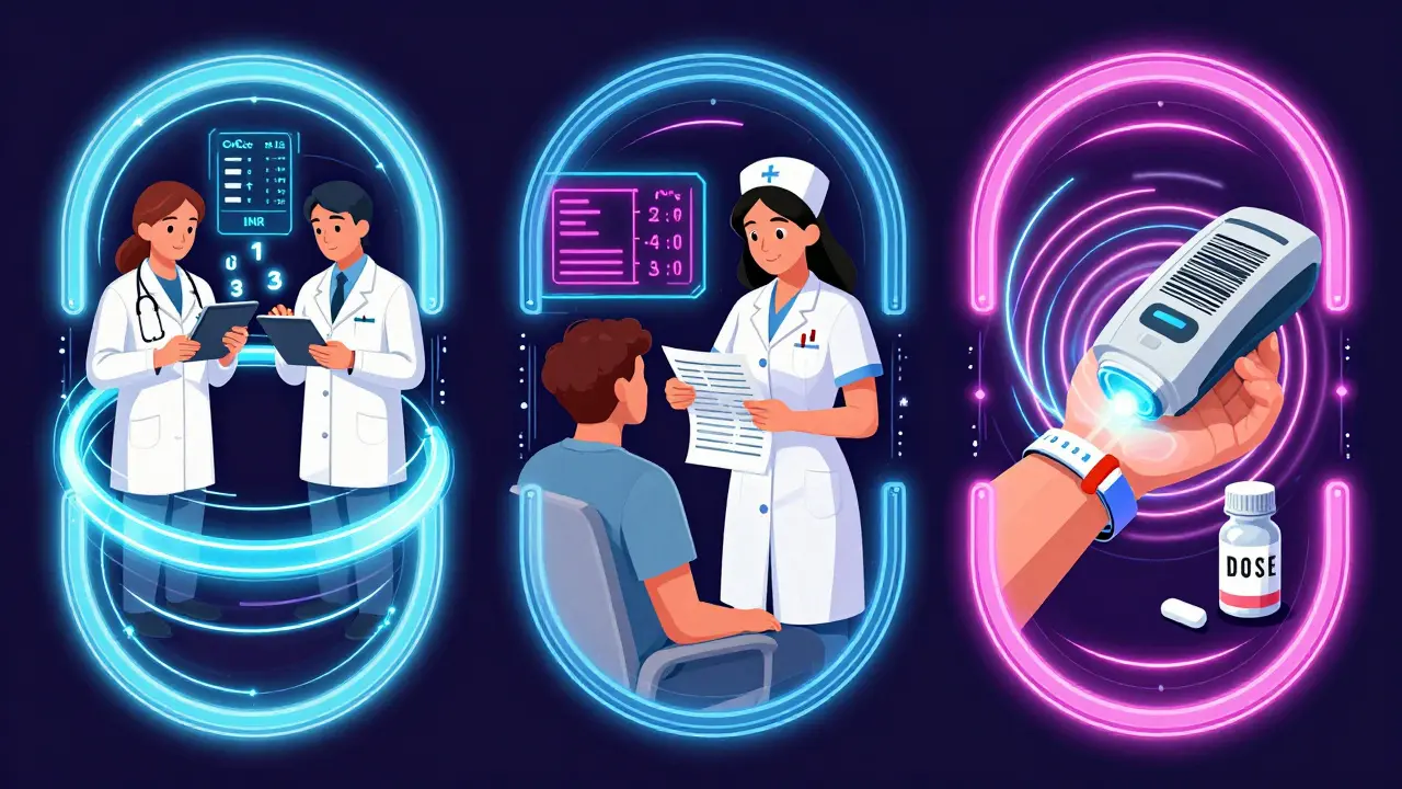 Three-step medication verification process illustrated with floating calculations, vital signs, and barcode scan in swirling psychedelic patterns.
