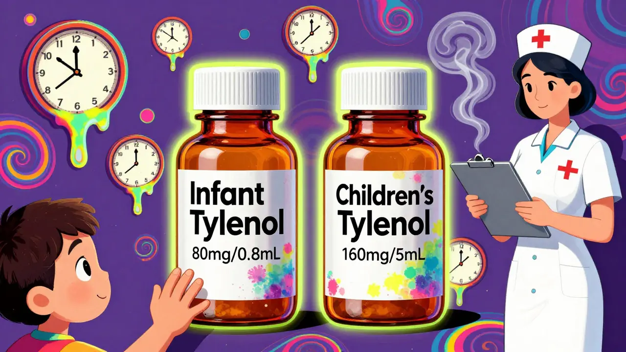 Two medicine bottles with different concentrations sit beside each other, surrounded by melting clocks and psychedelic swirls.