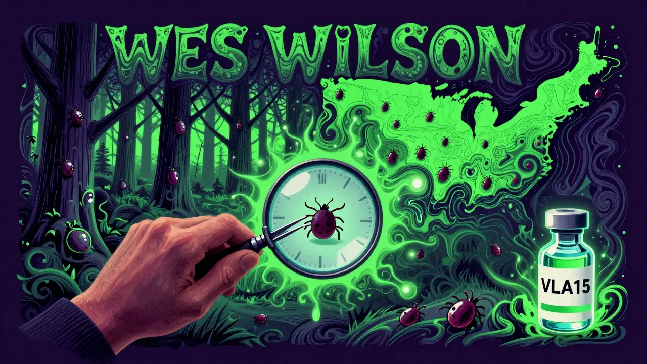 A person removing a tick under a magnifying glass, with a melting clock and vaccine vial in psychedelic forest setting.