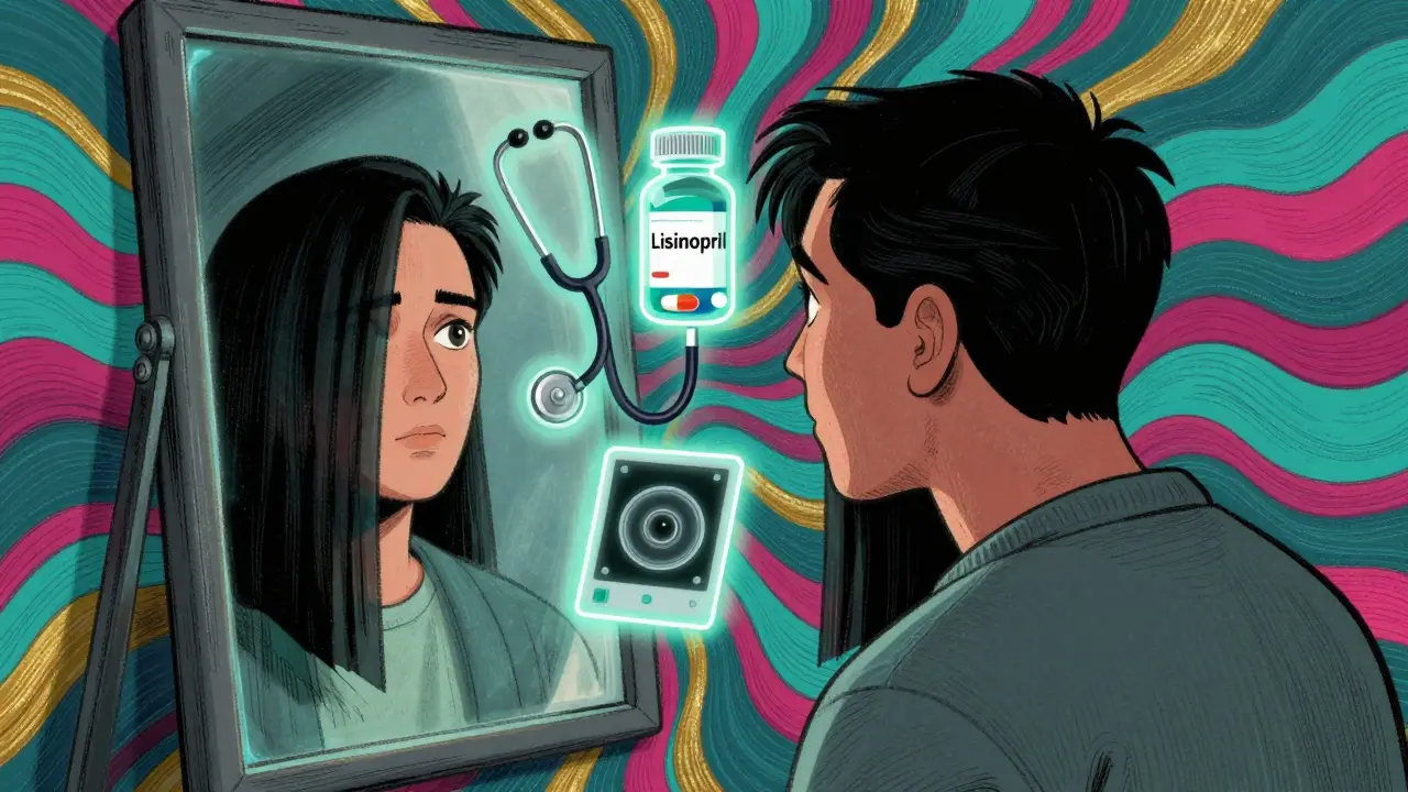 A person seeing a dark curtain over their vision, with medical symbols glowing around them, representing urgent eye damage from high blood pressure.