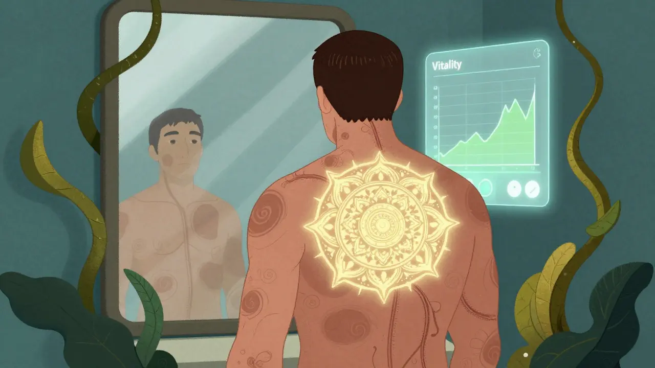 A person seeing their healed skin as glowing mandalas with a fatigue-tracking app floating nearby.