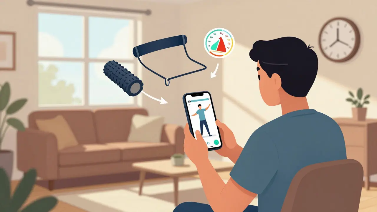 A person watching a therapy video on their phone at home, surrounded by exercise tools and a pain scale.