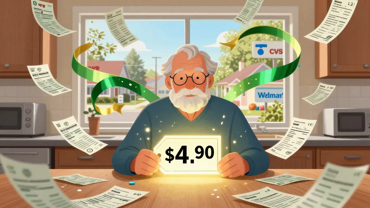A senior at a kitchen table with dissolving bills, a glowing .90 price tag, and pharmacies connected by colorful ribbons.