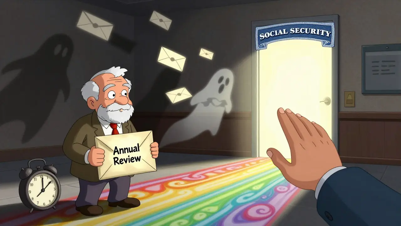 A senior holding an annual review letter, with a glowing path leading to a Social Security office, symbolizing renewal.