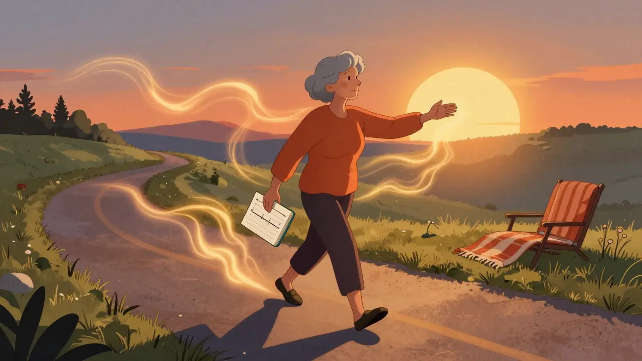A woman walking at dawn with glowing energy waves, leaving behind a chair as she moves toward the sunrise.