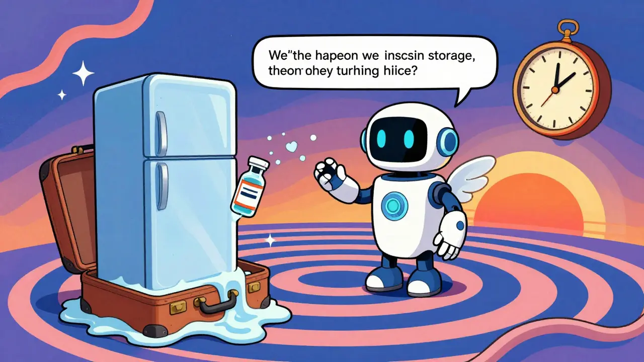 AI chatbot interacting with a patient about insulin storage during travel, surrounded by surreal, dreamlike imagery.