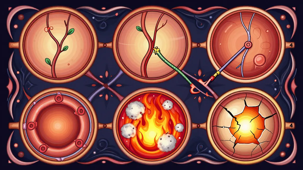 Four stylized stages of retinal damage depicted as interconnected psychedelic vignettes with flowing lines and vibrant colors.