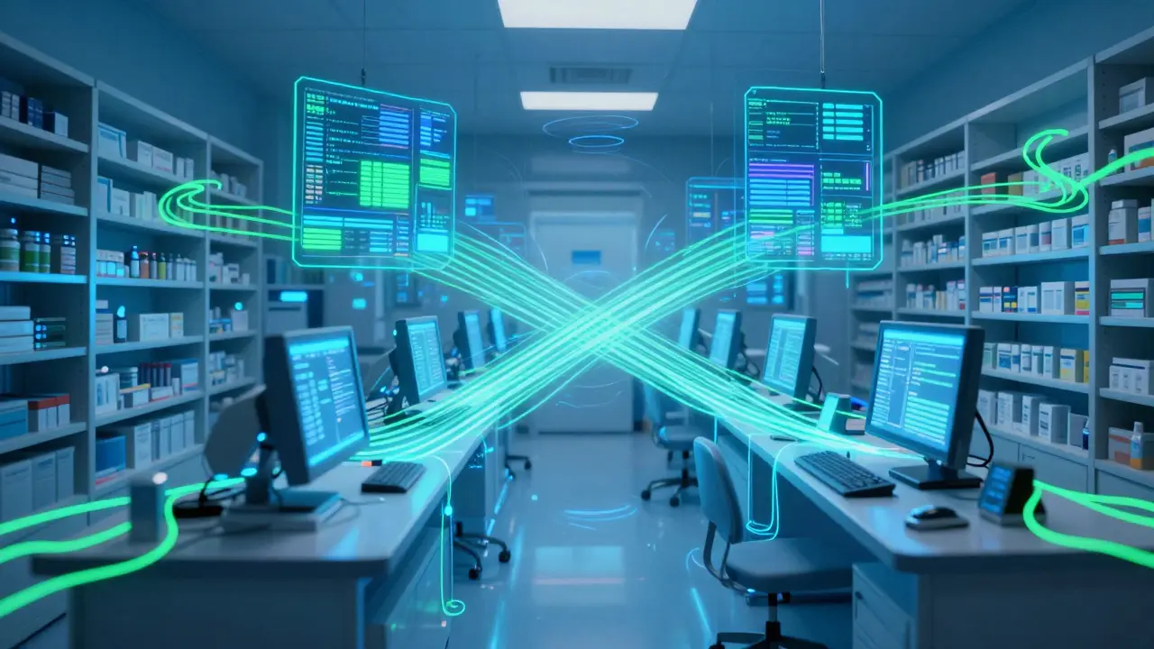 Interconnected hospital systems with glowing data lines
