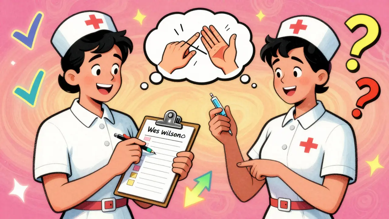 Nurse using a colorful rubric to assess a patient's insulin injection, with visual cues showing technique gaps.