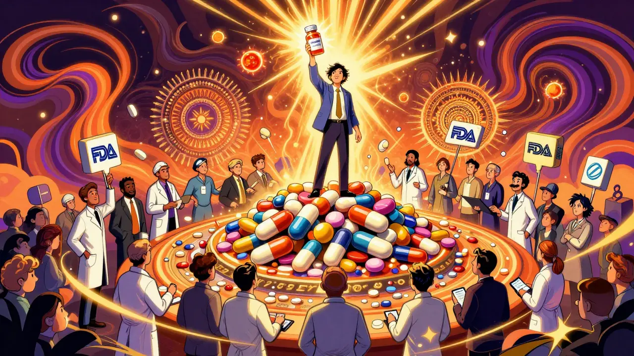 Patient standing atop rejected generics, brand pill glowing as inactive ingredients swirl around.