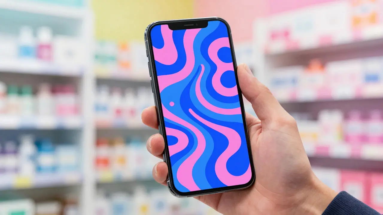 Person viewing NHS app on smartphone with swirling colorful design.