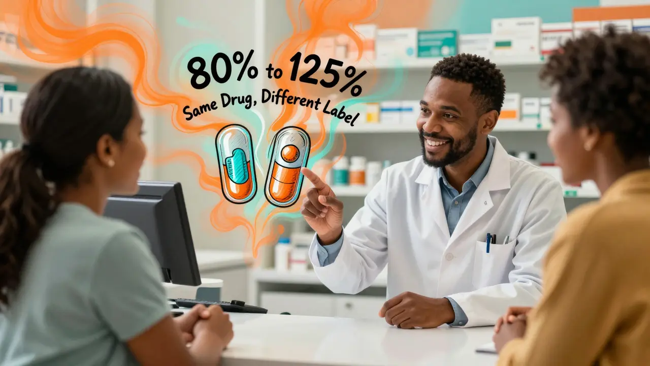 Pharmacist and patient at counter with floating text about generic medication equivalence in vibrant colors.