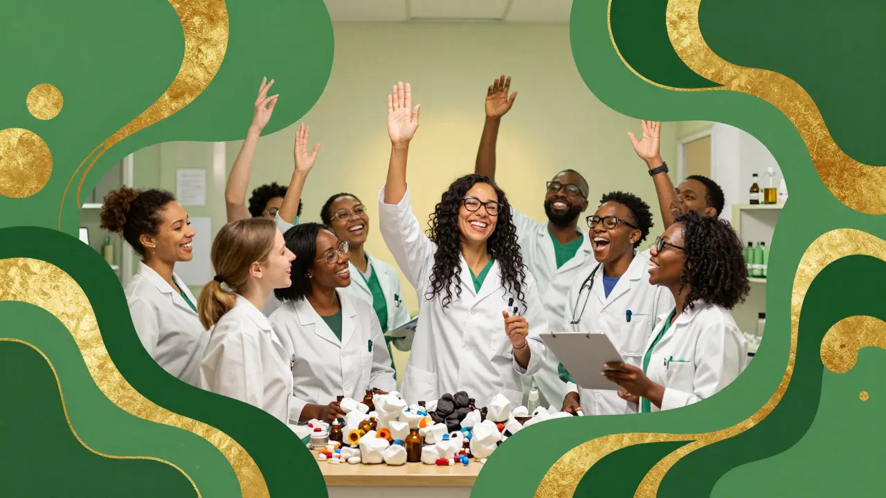 Pharmacy team celebrating reduced medication waste with abstract green and gold shapes