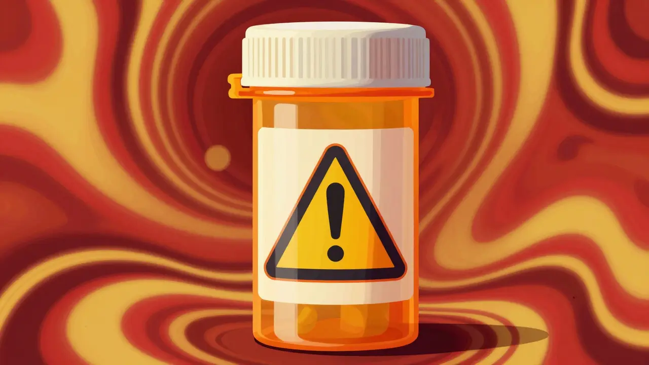 Prescription bottle with caution symbol in psychedelic art style.