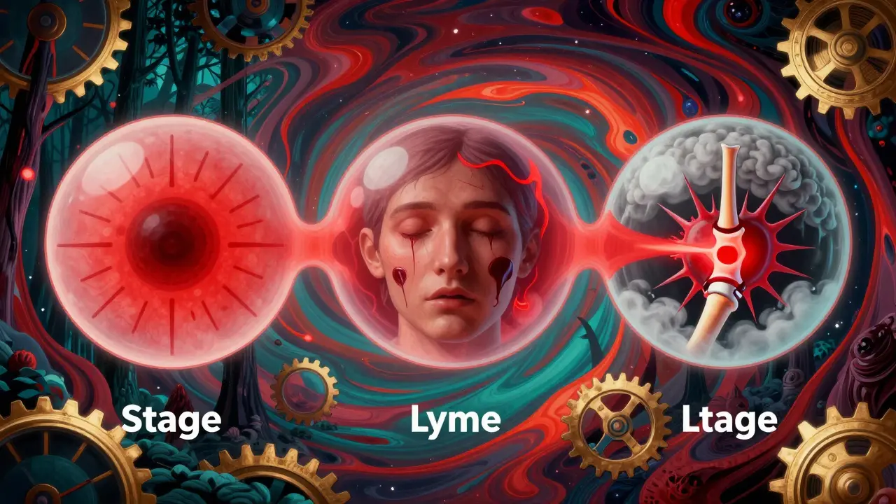 Three stages of Lyme disease depicted as floating orbs with symbolic imagery in swirling psychedelic colors.