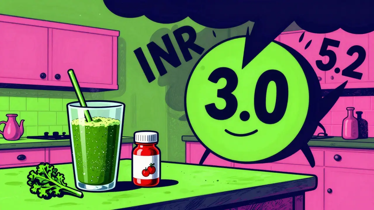 A kitchen scene with warfarin risks like kale and antibiotics, while an INR number 3.0 watches over a looming 5.2 shadow.