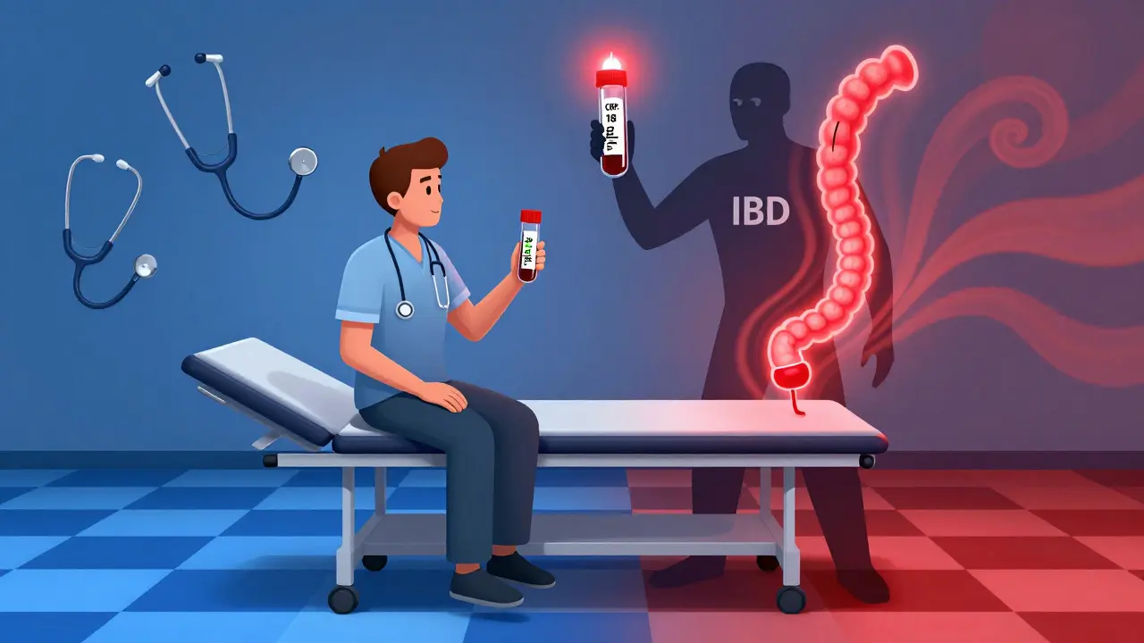 A patient holding a normal blood test next to a shadowy figure with a high-CRP vial, surrounded by floating medical tools in swirling art style.