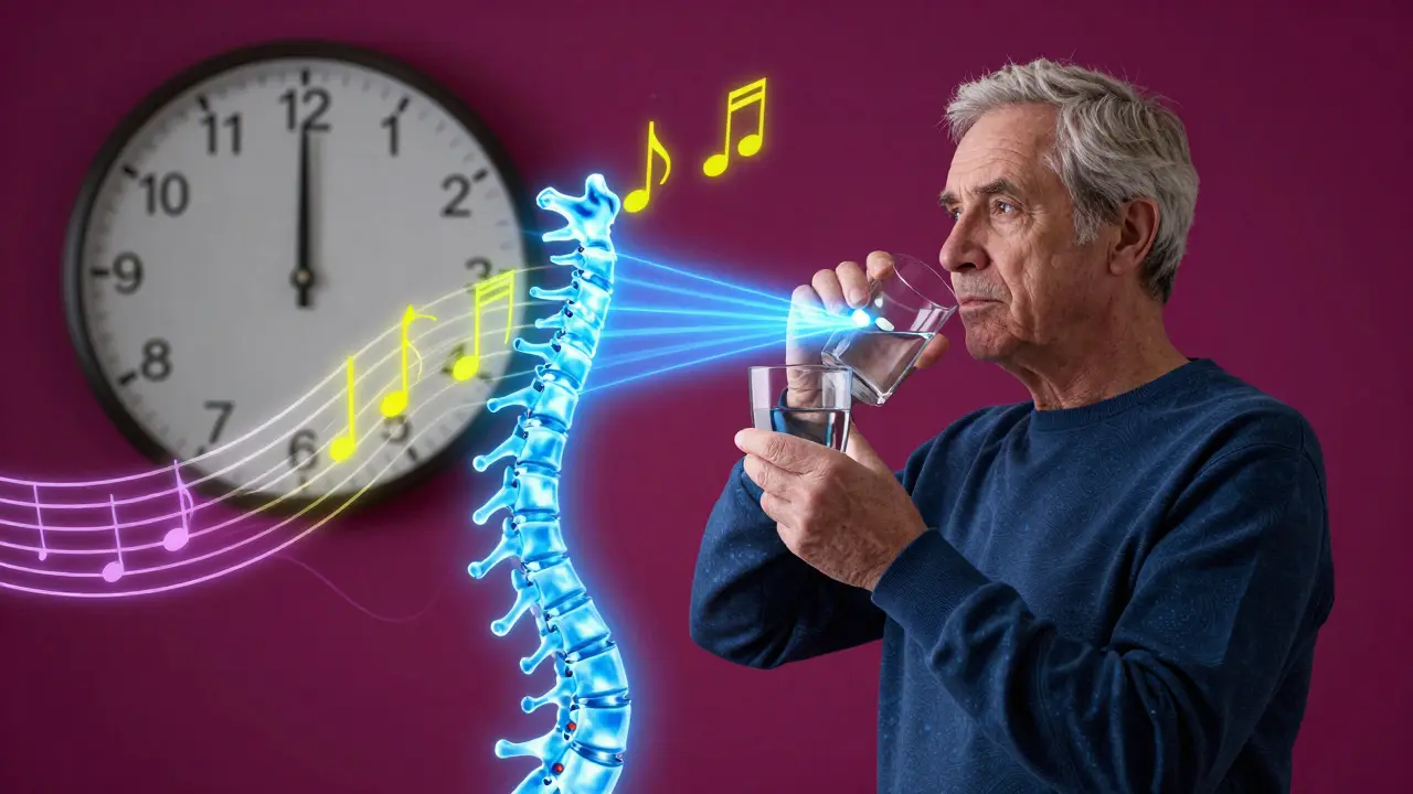 A person standing upright taking a bisphosphonate pill, with glowing energy strengthening their spine in vibrant psychedelic tones.