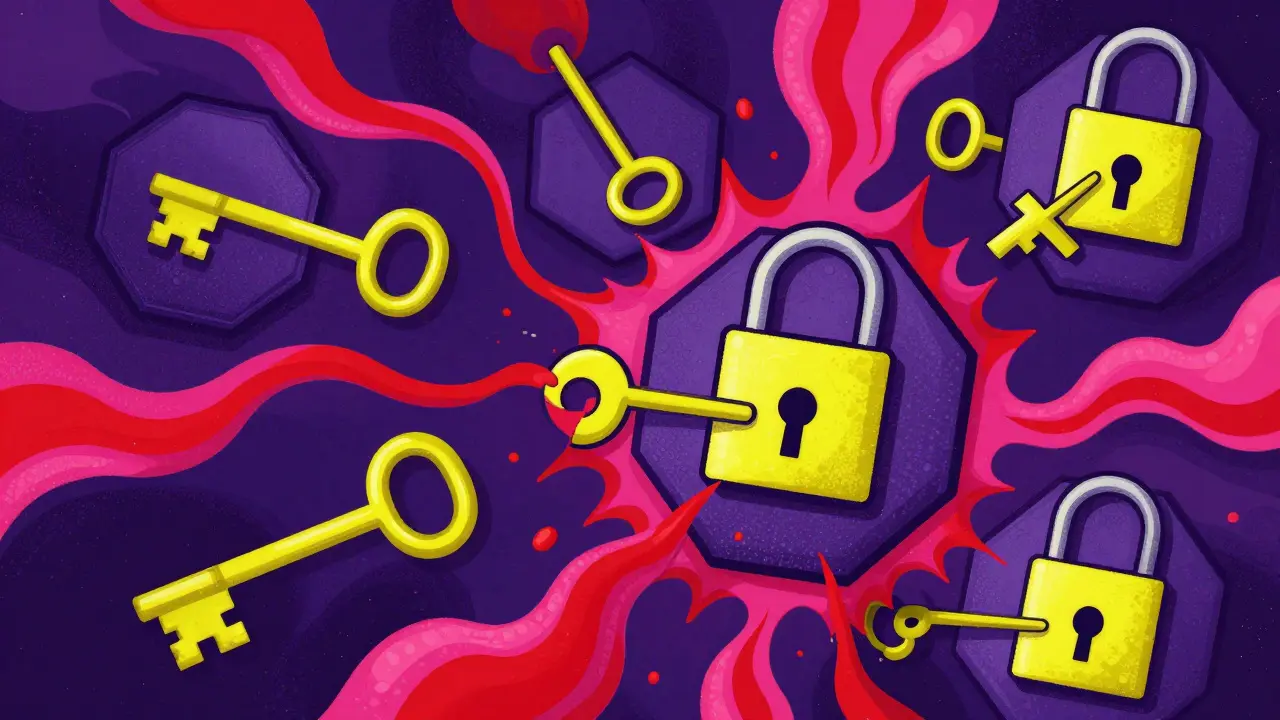 Abstract keys trying to unlock cells amidst crashing red waves representing glucose spikes.