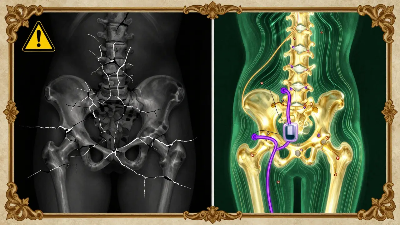 Contrasting images of a fractured hip versus a healthy, reinforced bone under IV treatment, rendered in swirling 1960s-style art.