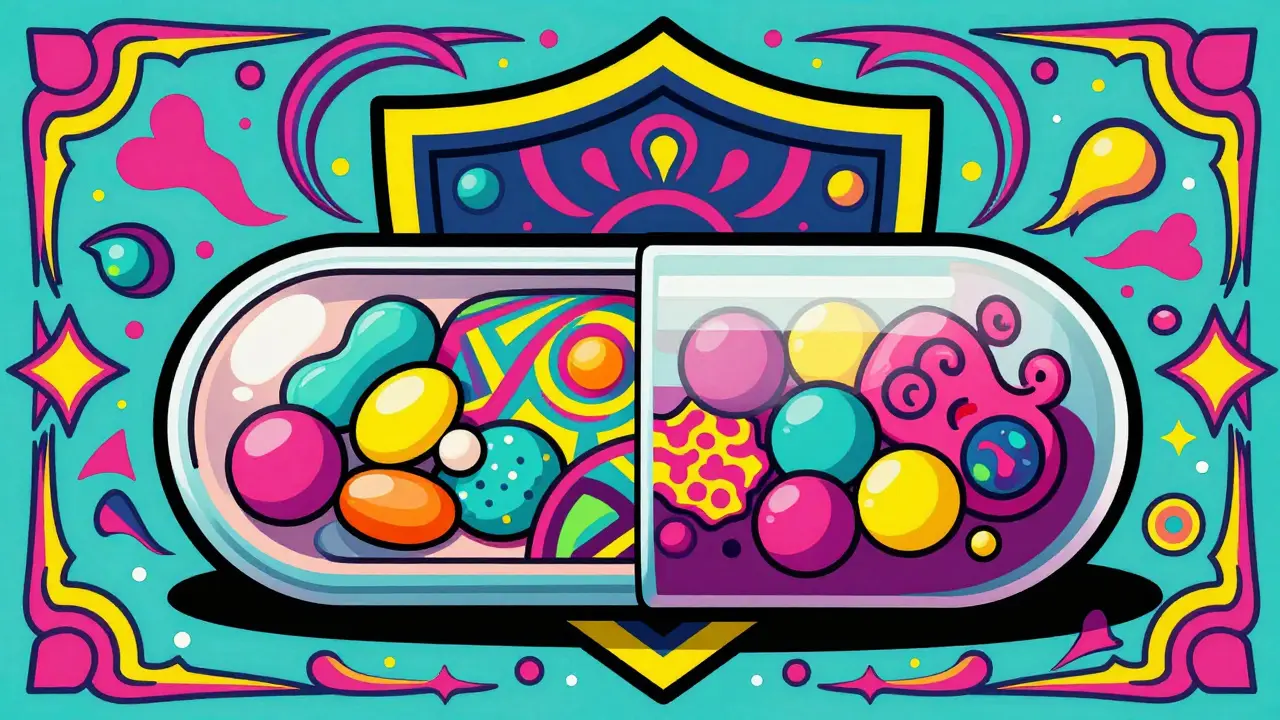 Cross-section of a pill showing internal ingredient layers.