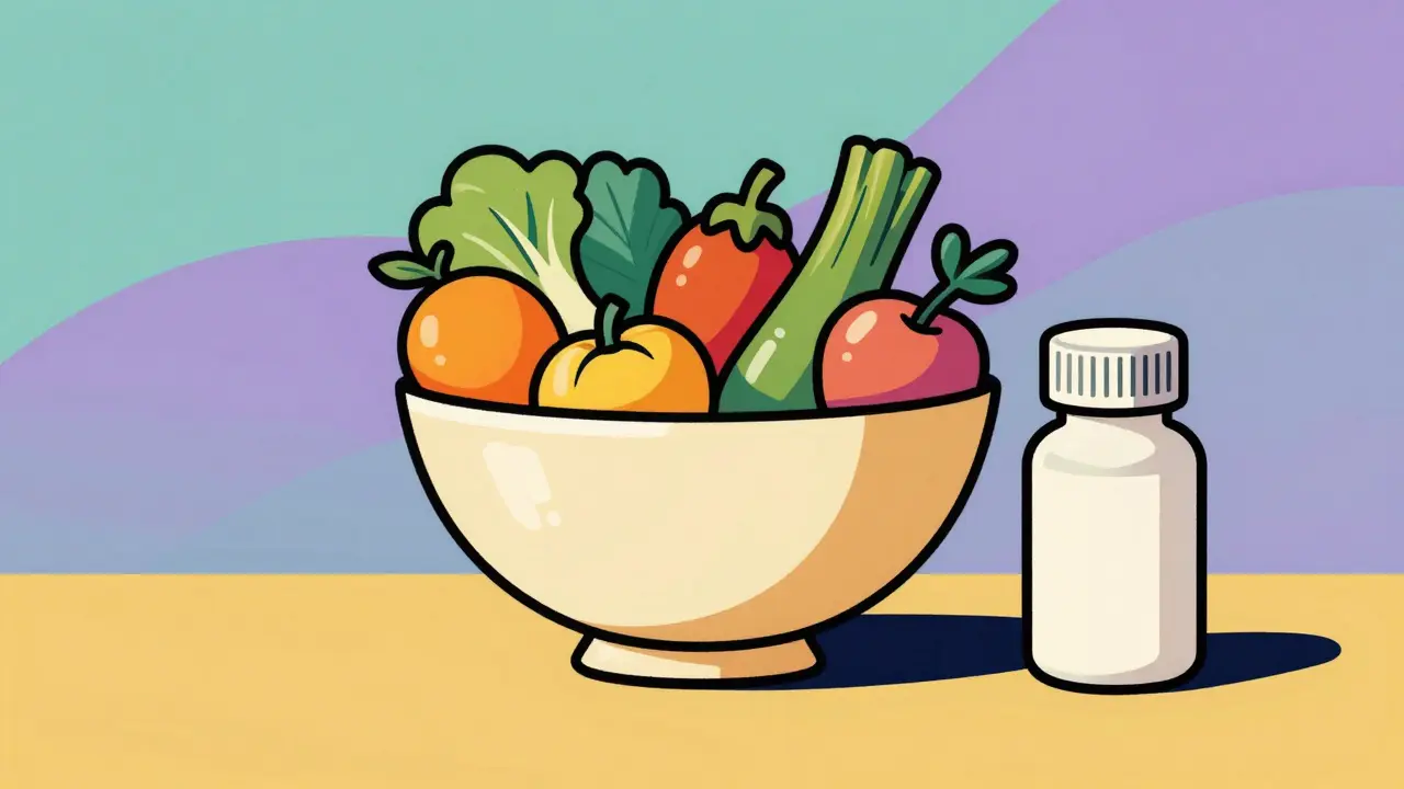 Fruit bowl and medicine bottle balanced together with flowing gradient background.