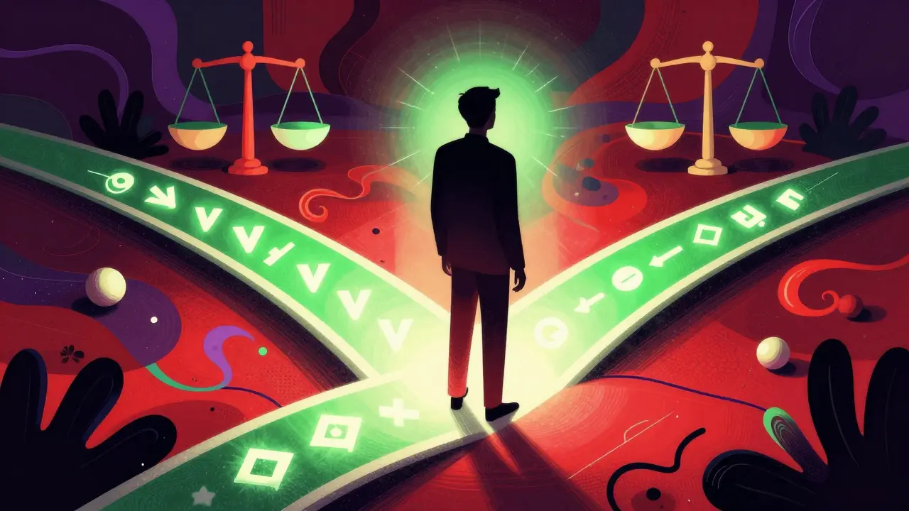 Stylized figure choosing between medication cost options.