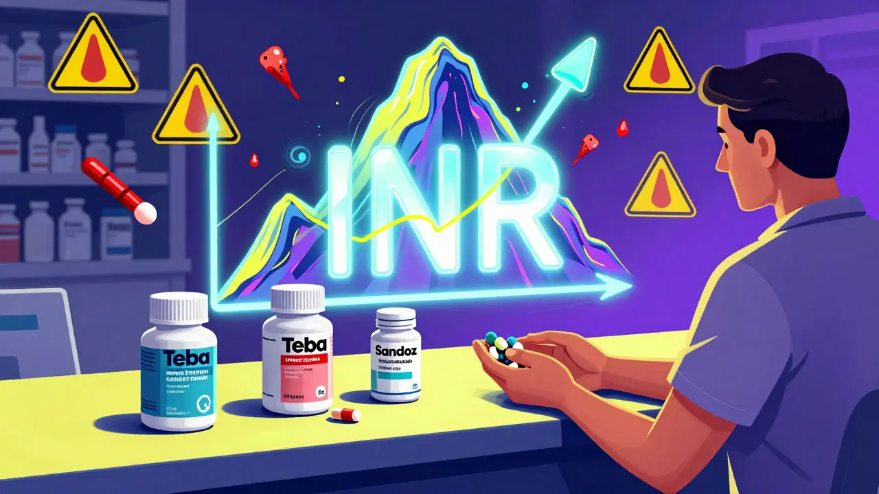 Three different generic warfarin pills at a pharmacy counter with a floating INR graph and warning symbols in vibrant colors.
