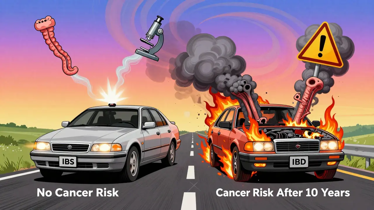 Two cars symbolizing IBS and IBD—one with a blaring alarm, the other with a burning engine—driving down a road split by cancer risk labels.