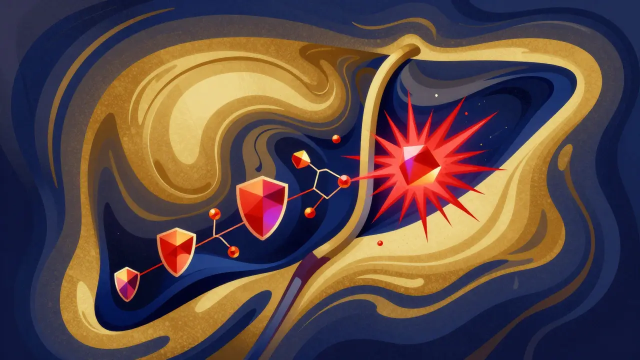 Abstract artistic depiction of a liver being attacked by red toxins and protected by gold shields.