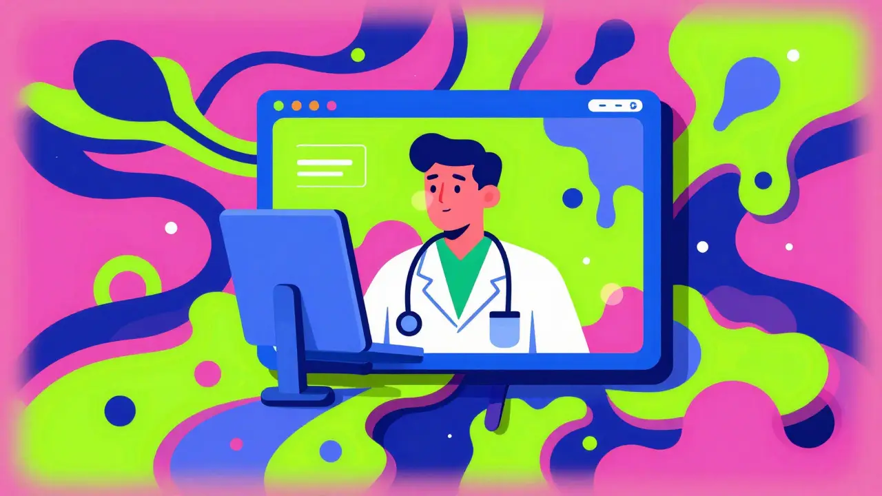 Abstract Wes Wilson style depiction of a virtual doctor visit through a digital screen.