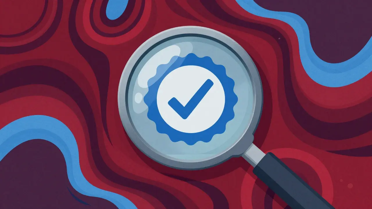 Artistic illustration of a magnifying glass inspecting a medical seal of authenticity.