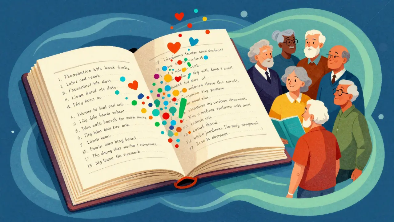 Colorful illustration of a symptom journal and elderly patients protected by calming blue circles.