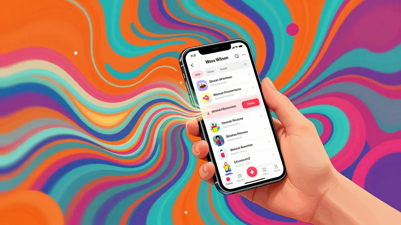 Colorful Wes Wilson style art showing a smartphone emitting kaleidoscopic waves for medication savings.
