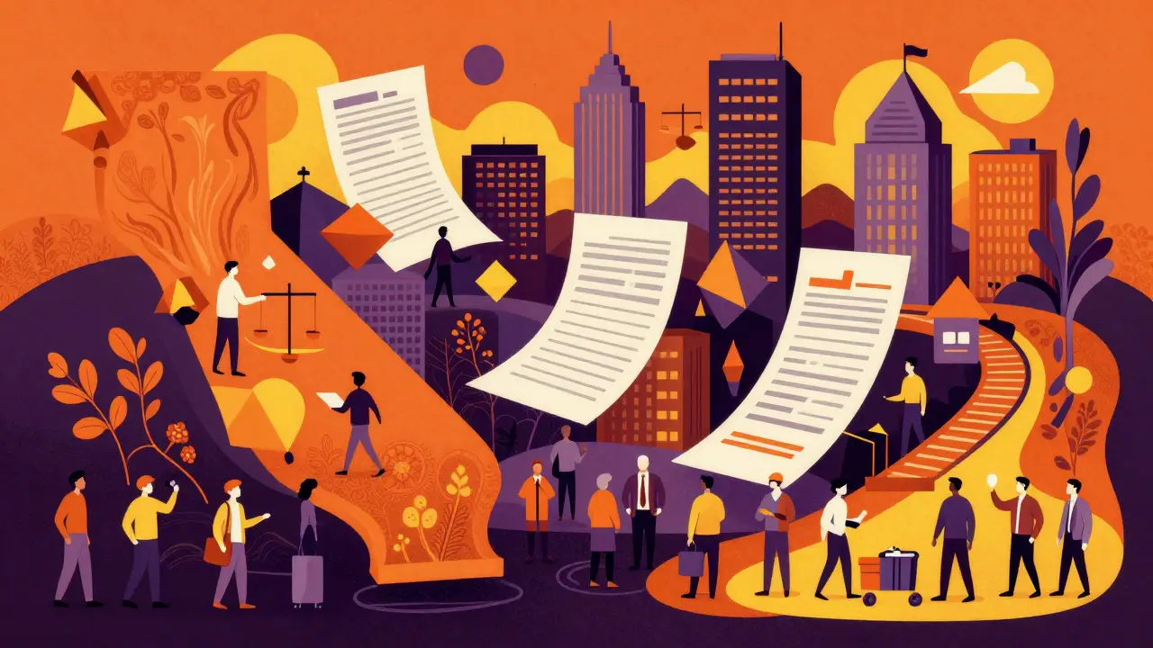 Fluid graphic art of California cities and workers blending into abstract patterns to show labor and housing changes.