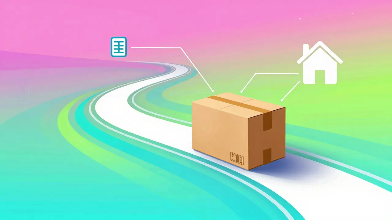 Stylized artistic depiction of a medication package traveling along a colorful winding path.