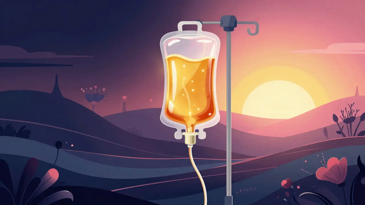 Stylized graphic of an IV bag with golden liquid amidst a colorful, psychedelic landscape.