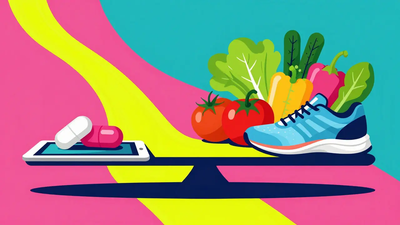 Stylized graphic showing the balance between medication and a healthy lifestyle.