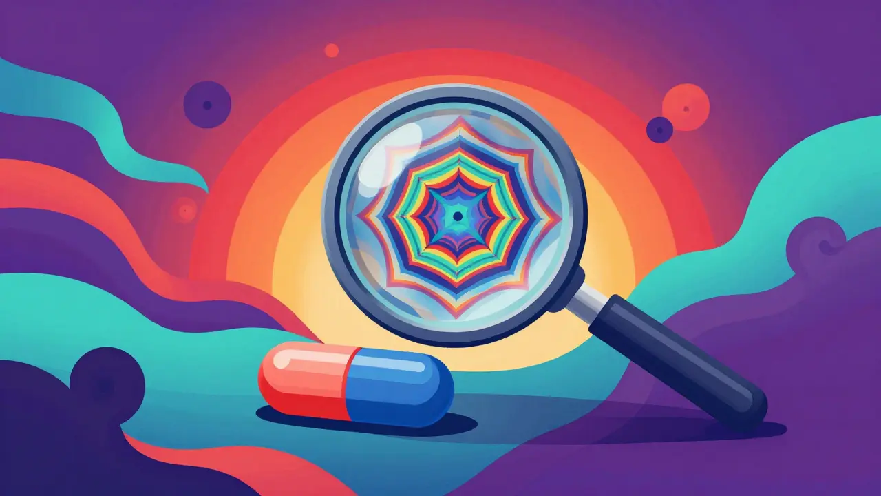 Stylized magnifying glass examining a pill amidst vibrant, flowing psychedelic shapes.