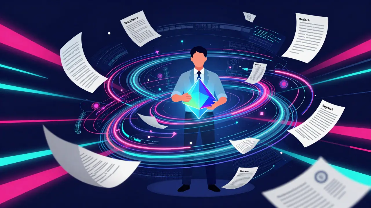 Stylized professional using a digital prism to organize a whirlwind of colorful legal scrolls and data streams.