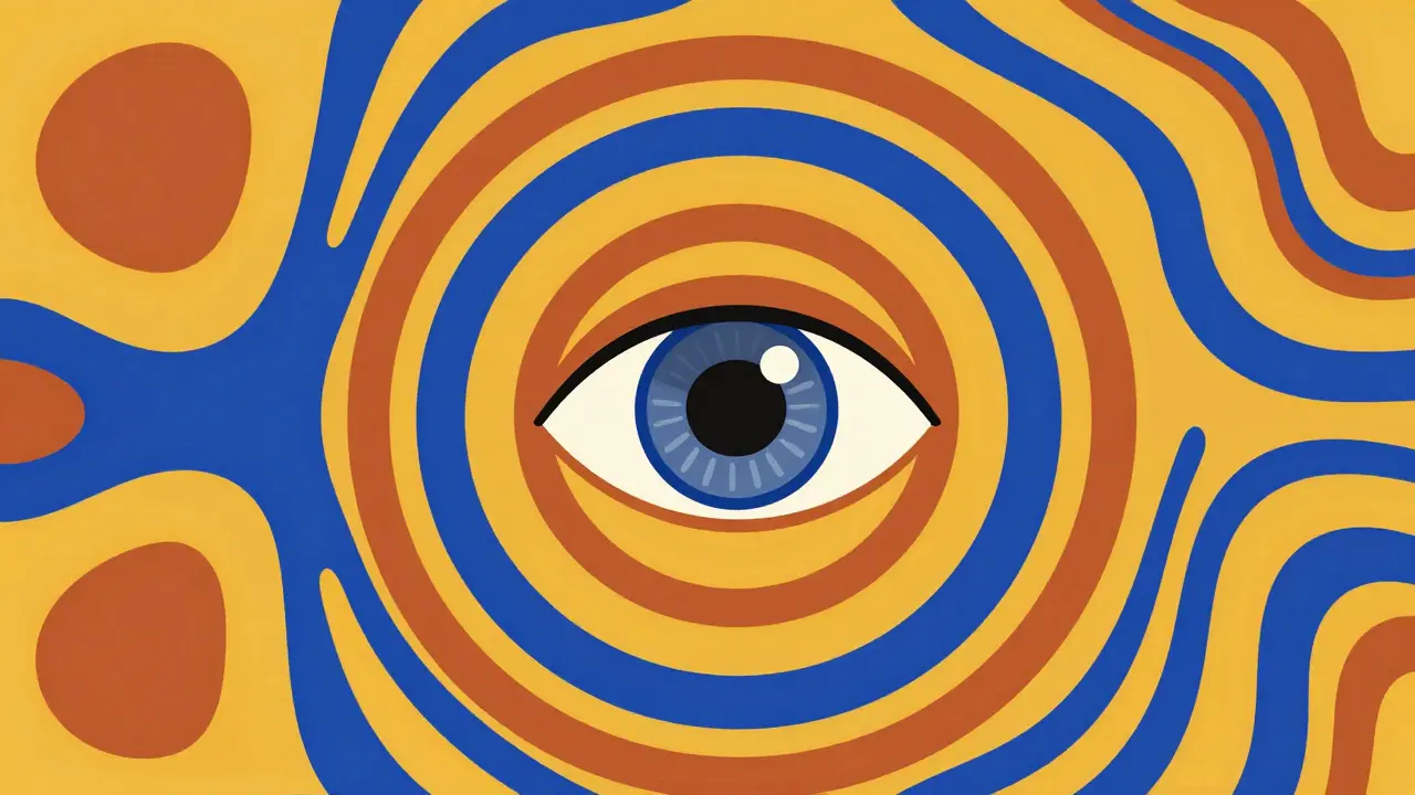 Stylized psychedelic eye amidst swirling colorful rings representing safety and caution.