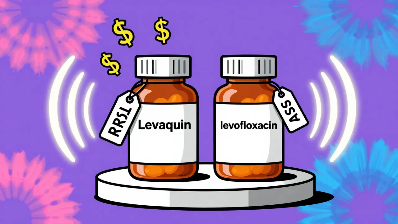 Art showing brand vs generic antibiotic pills with identical efficacy but different costs.
